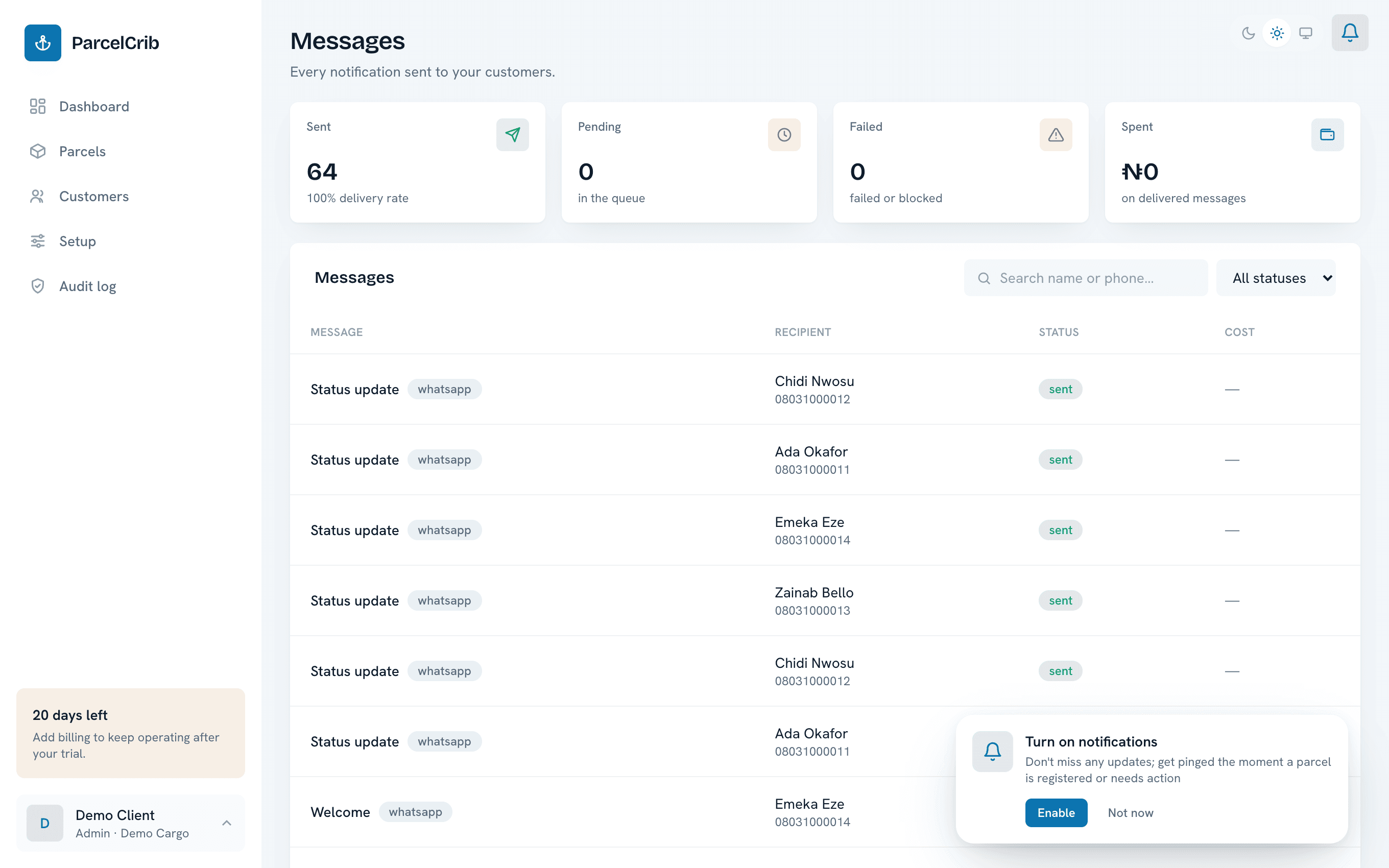 ParcelCrib messages screen showing automatic WhatsApp shipment updates sent to customers