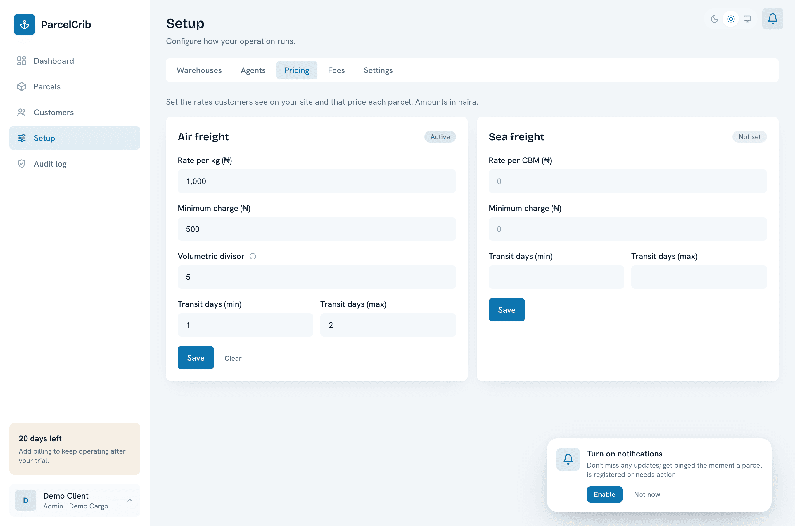 ParcelCrib pricing setup that prices each parcel and bills customers in local currency