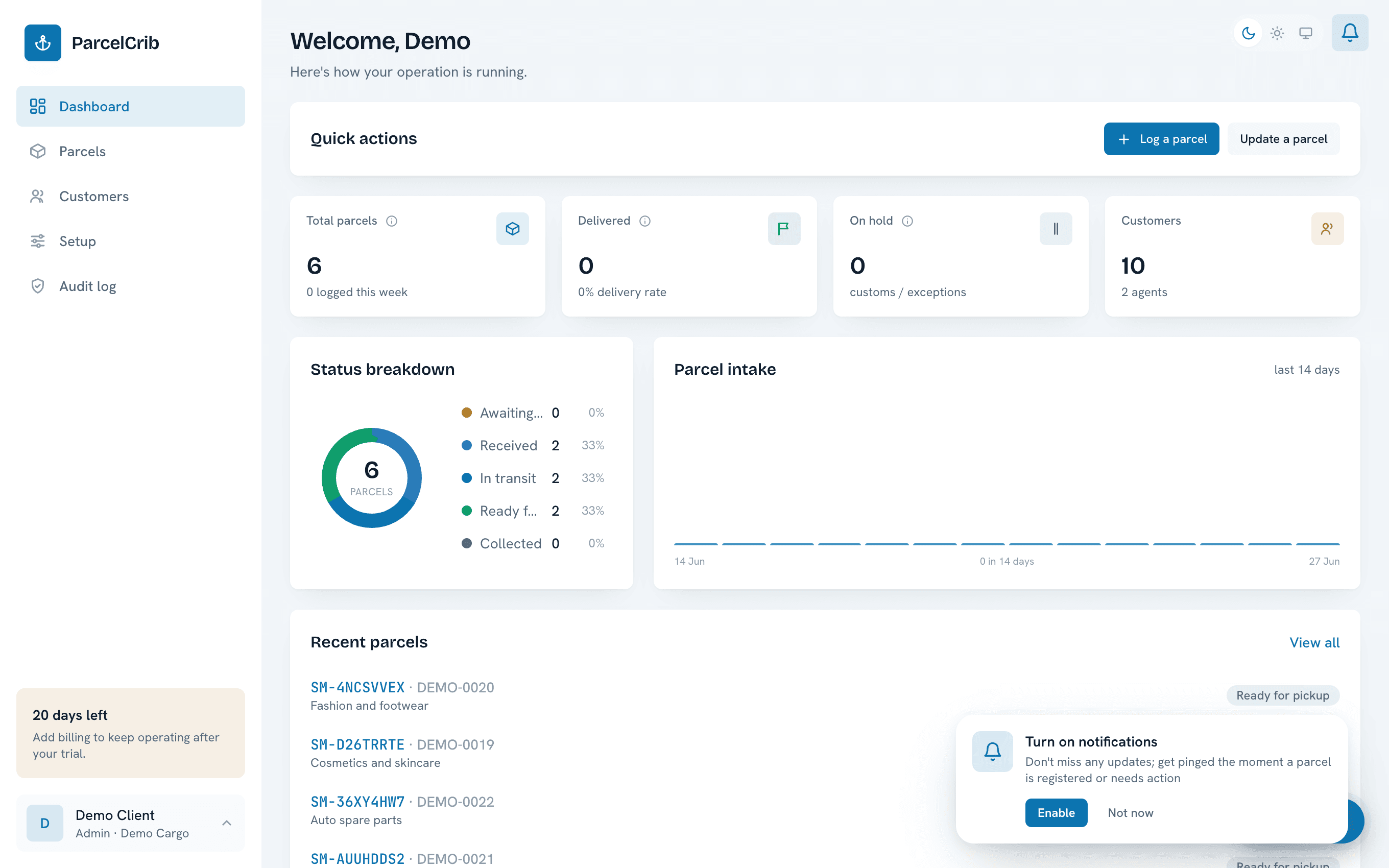ParcelCrib dashboard showing live package statuses across lanes